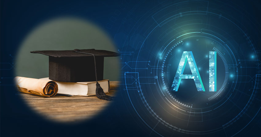 AI בימין וכובע סיום אקדמי בשמאל, מדגימים עריכה אקדמית רדודה לעומת עריכה אקדמית אנושית איכותית.