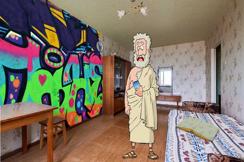 איור של רומאי עם טלפון מדגים את החשיבות בזיהוי פערים נסתרים בעריכה ספרותית.