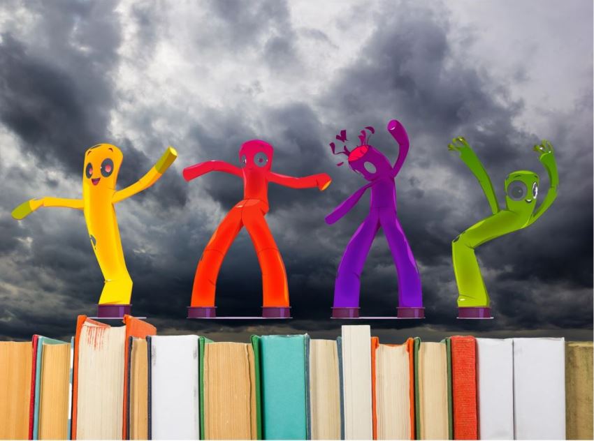 ארבעה רקדני אוויר צבעוניים רוקדים מעל שורת ספרים על רקע שמיים קודרים.