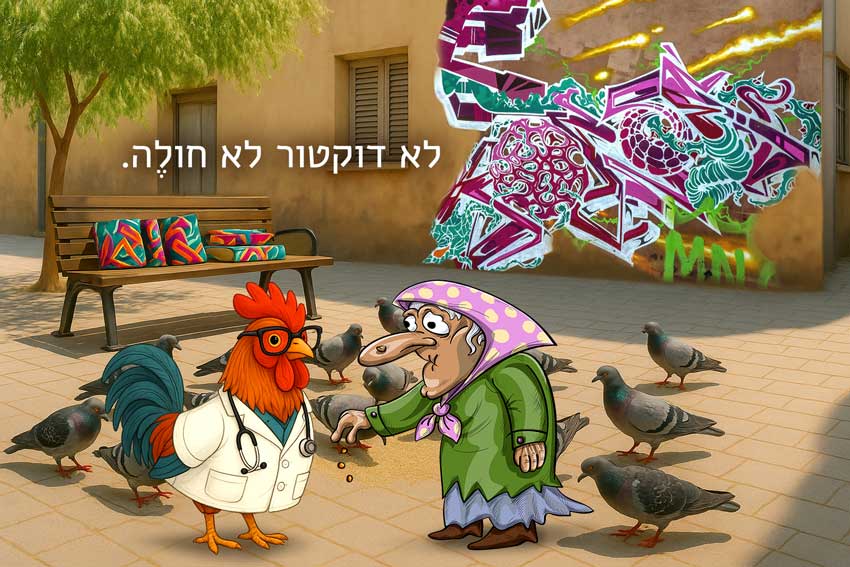 אישה זקנה מאכילה יונים מול תרנגול רופא, לייצוג עריכה ספרותית ועריכה לשונית.