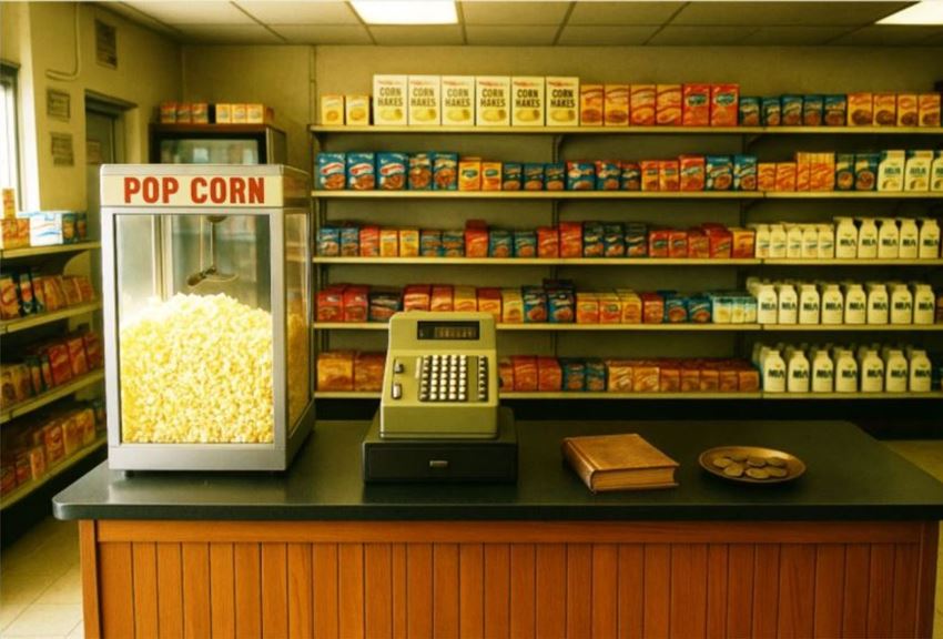 חנות מכולת עם קופה רושמת, מכונת פופקורן וספר, מדגימים עריכה ספרותית המספרת דרך הפרטים.