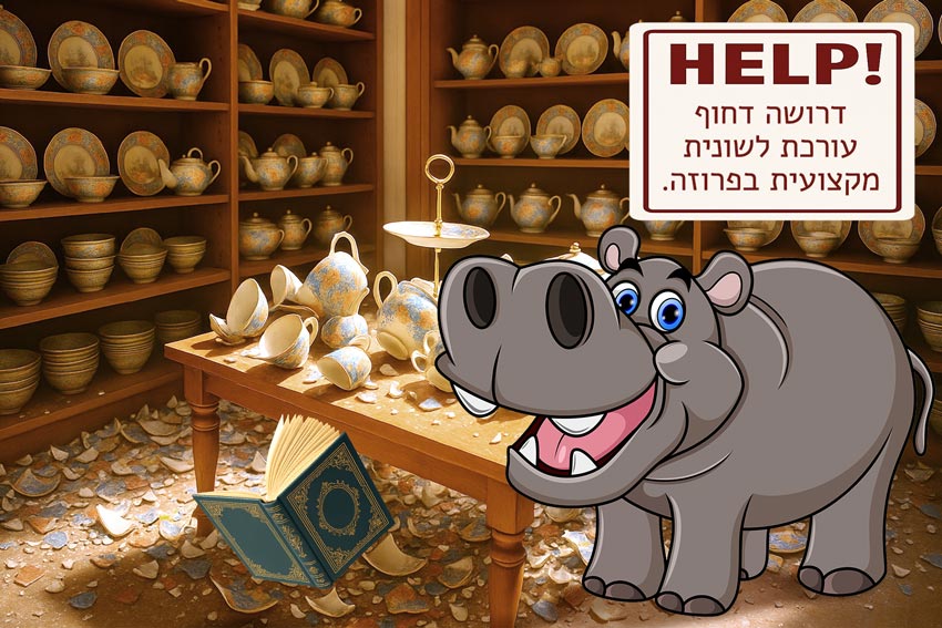 היפופוטם בחנות חרסינה על רקע שברים וספר עף מדגימים שבר כשבעריכה לשונית לא מעמיקים למשמעות.