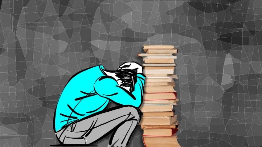 איור של גבר יושב כשברכיו מקופלות אל חזהו, מול ערמת ספרים מדגים עריכה ספרותית שמזהה את כאב הדמות.