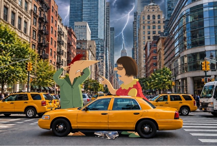 גבר ואישה מתווכחים ברחוב ניו יורקי סואן מדגימים דיאלוג לא אמין, שבו אין קשר בין הדברים שכל אחד אומר.