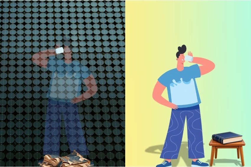 בחור שותה מכוס במצב מואר ובמצב מוסתר מדגים ניסוח שמדגיש את האדם הפועל לעומת ניסוח שמסתיר אותו.