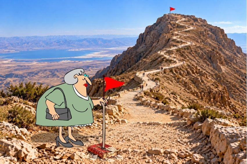אישה מבוגרת עומדת עם דגל אדום בשביל המוביל להר עם דגל אדום, מדגימה סתירה. היא השיגה את הדגל שעל ההר בלי להגיע אליו.