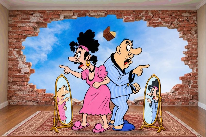 גבר ואישה מצביעים על מראה שממנה משתקפת הדמות האחרת מדגימים אי היגיון שעריכה ספרותית ולשונית חושפת.