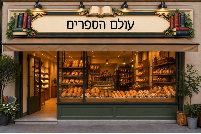 חנות לחם עם שלט "עולם הספרים" מדגים סתירות במציאות של העלילה, שעריכה ספרותית ולשונית חושפת.