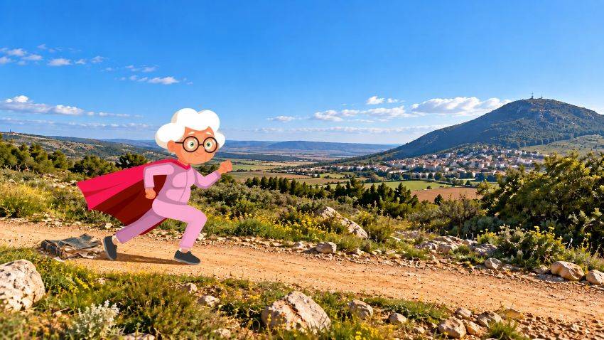 אישה מבוגרת עם גלימה רצה על רקע נוף גלילי מדגימה בעיה ספרותית של הקצנה במחיר של הקטנה.
